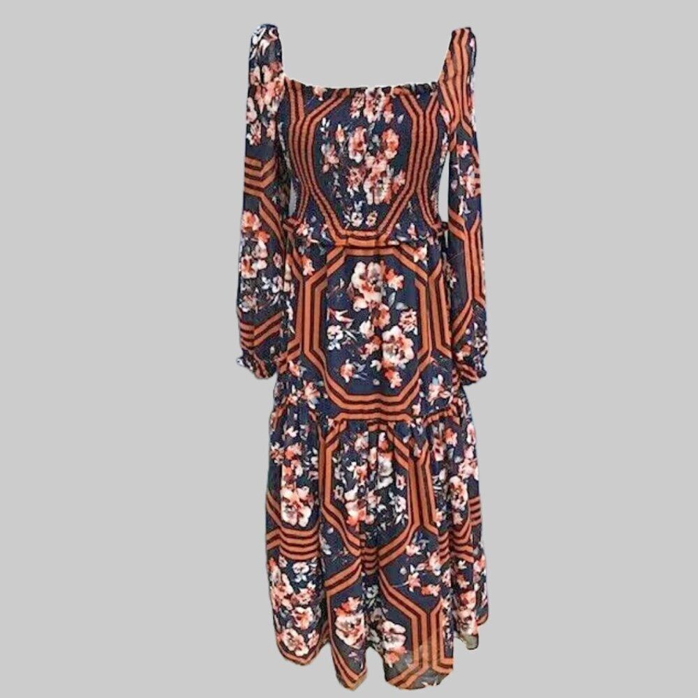 NWT EVIE ANTHROPOLOGIE NAVY FLORAL PRINT TIERED MAXI DRESS MEDIUM